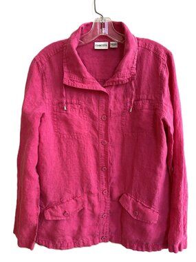 Chico's 100% Linen Shacket Top Size Large (Chicos 2) Bright Pink Tab Roll Sleeve